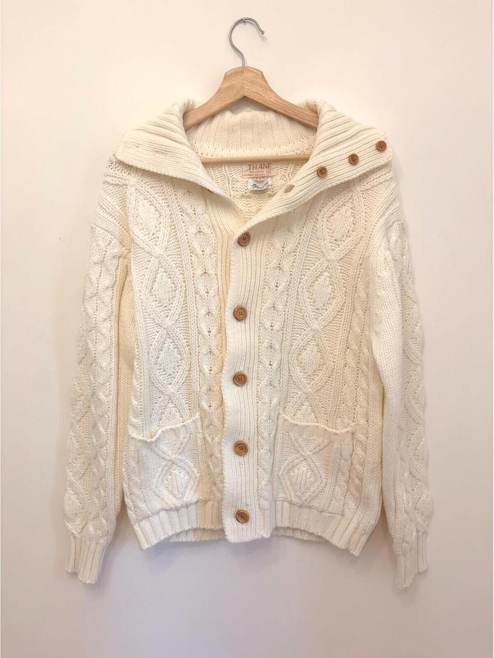 Vintage THANE Cable Knit Cardigan Sweater Cream Shawl Collar Button Front 80s